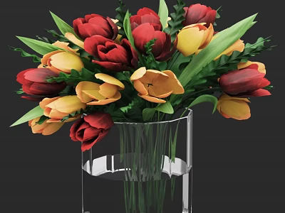 Transparent Glass Vase With Red And Yellow Tulips And Green Leaves 3d model