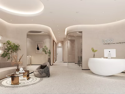 Modern Beauty Salon Interior With Reception Desk Green Plants Sofa Seating And Soft Lighting 3d model
