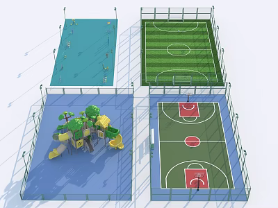 Outdoor Basketball Court With Green Red Flooring And Surrounding Fencing 3d model
