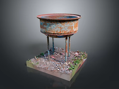 Old Rusty Metal Basin With Four Legs And Gravel Weeds Around Base 3d model