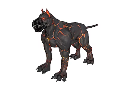 Fiery Mythical Demon Dog Character With Black Body Red Lava Cracks And Spiked Muzzle 3d model
