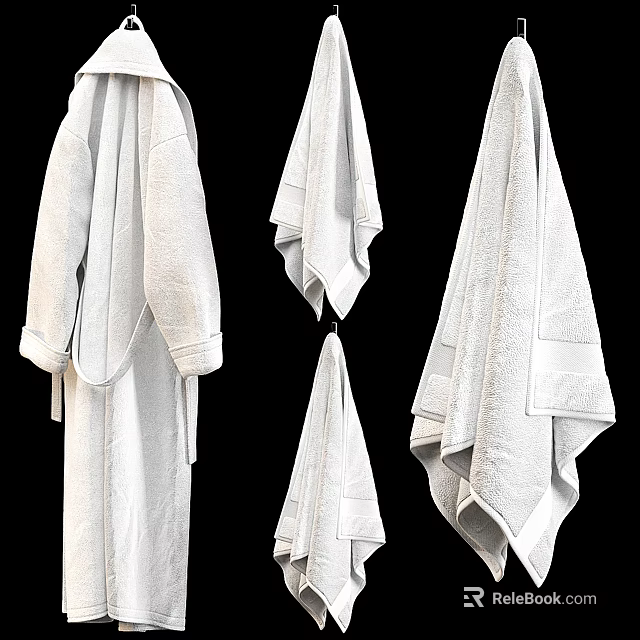 Soft White Cotton Bath Robe And Towels Hanging As Absorbent Clothing 3d model 