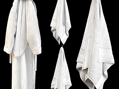 Soft White Cotton Bath Robe And Towels Hanging As Absorbent Clothing 3d model