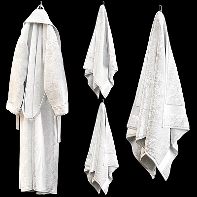 Soft White Cotton Bath Robe And Towels Hanging As Absorbent Clothing 3d model