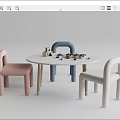 Round White Kids Table with Building Blocks Toys and Curved Chairs in Pink Blue White