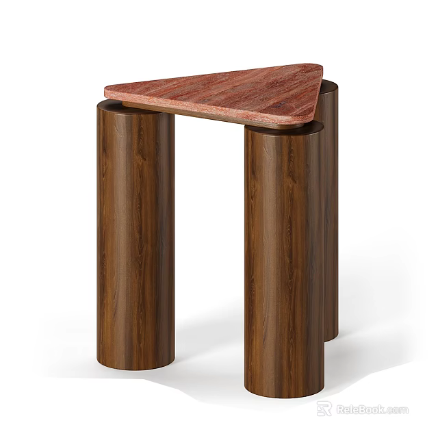 Triangular Coffee Table With Reddish Brown Surface And Dark Brown Wooden Cylindrical Legs 3d model 