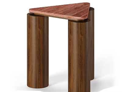 Triangular Coffee Table With Reddish Brown Surface And Dark Brown Wooden Cylindrical Legs 3d model