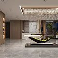 Hotel Lobby Modern Interior With Crystal Chandelier Wooden Shelves Large Windows Green Seating Marble Floor