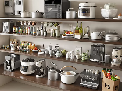Various Kitchenware Displayed On Wooden Shelves With Coffee Makers Rice Cookers Pots And Mugs 3d model