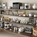 Various Kitchenware Displayed On Wooden Shelves With Coffee Makers Rice Cookers Pots And Mugs
