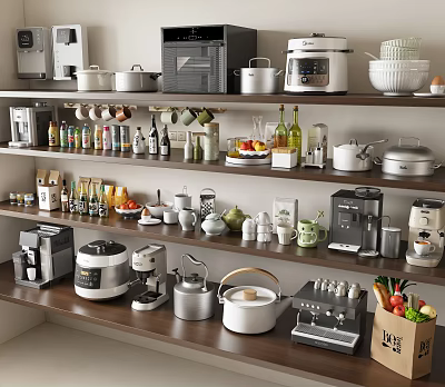 Various Kitchenware Displayed On Wooden Shelves With Coffee Makers Rice Cookers Pots And Mugs 3d model