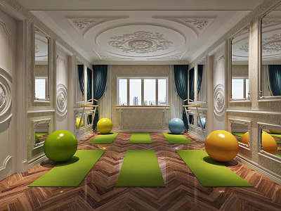 Elegant Fitness Studio with Green Yoga Mats Colorful Exercise Balls Mirrors and Decorative Ceiling 3d model
