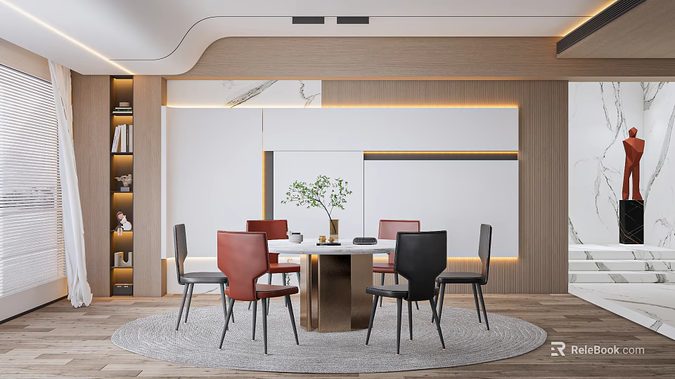 Modern Restaurant Interior Design With Round Dining Table Red Black Chairs Potted Plant And Bookshelf 3d model 