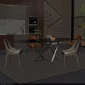 Modern Dining Room Featuring Black Glass Table Metal Base Beige Orange Chairs And Marble Countertop
