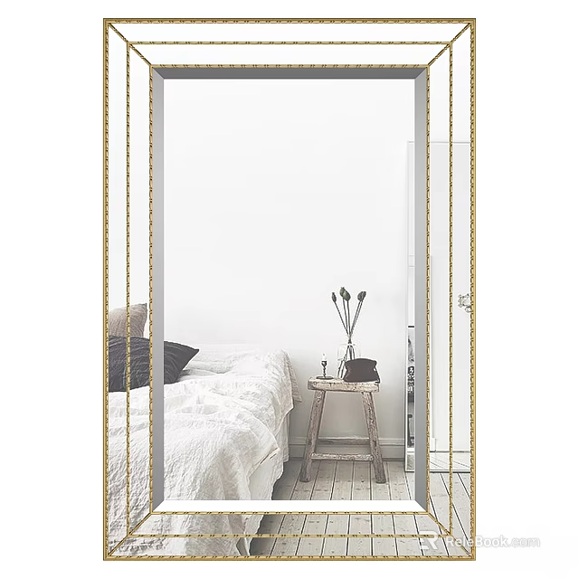 Gold Framed Decorative Mirror in Minimalist Bedroom with Bedside Table and Vase 3d model 