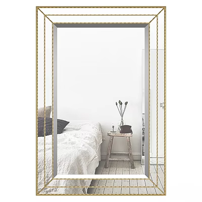 Gold Framed Decorative Mirror in Minimalist Bedroom with Bedside Table and Vase 3d model