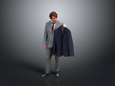 Man In Gray Suit With Red Tie Holding Dark Blue Suit Jacket Against Gray Background 3d model