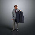 Man In Gray Suit With Red Tie Holding Dark Blue Suit Jacket Against Gray Background