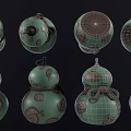 Three Gourd Shaped Sculptures With Carved Patterns And Knotted Rope Decorations