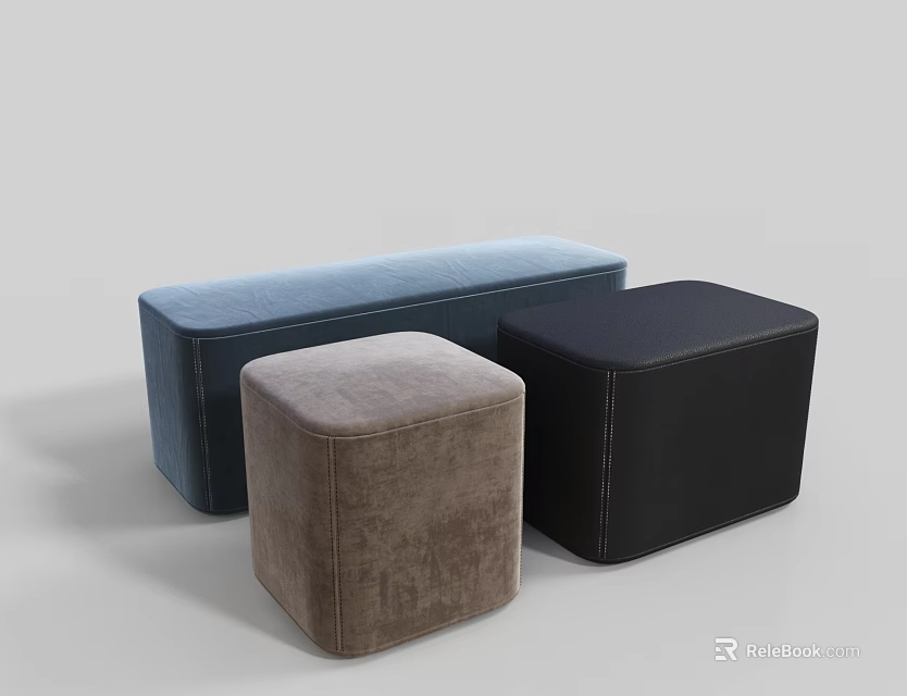 Modern Upholstered Fabric Ottomans with Blue Rectangular and Gray Black Square Shapes 3d model 