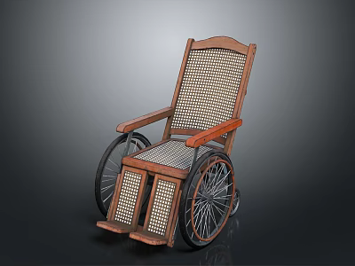 Vintage Style Wheelchair With Wooden Frame Woven Rattan Backrest And Large Wheels 3d model