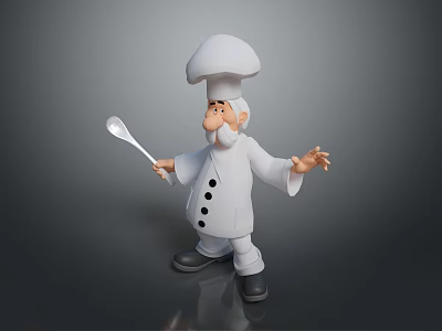 Cute Chef Kitchen Figurine Wearing White Uniform Hat Holding Spoon Decoration 3d model