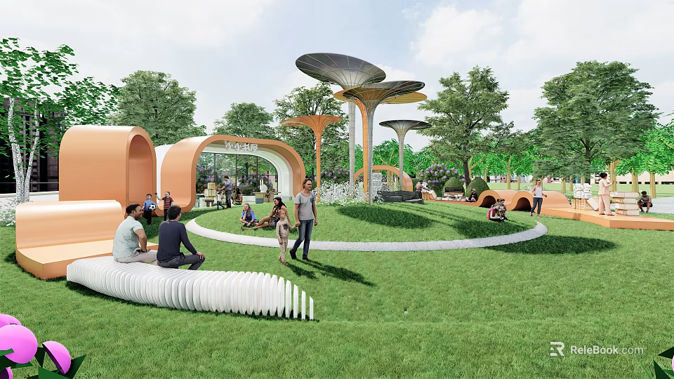 Scenic Park Landscape With Green Lawn Orange Curved Structures Mushroom Canopies And People Relaxing 3d model 
