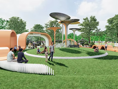 Scenic Park Landscape With Green Lawn Orange Curved Structures Mushroom Canopies And People Relaxing 3d model