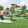 Scenic Park Landscape With Green Lawn Orange Curved Structures Mushroom Canopies And People Relaxing