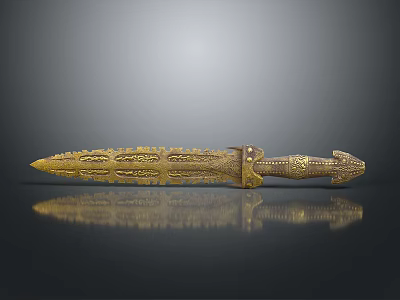 Golden Ancient Dagger with Intricate Carved Patterns on Blade and Decorated Hilt 3d model