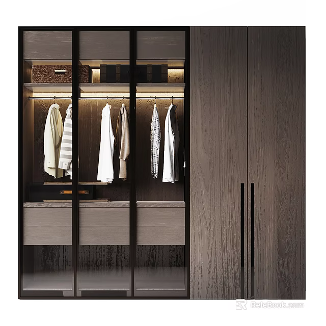 Modern Wooden Wardrobe Interior Design With Hanging Clothes And Storage Drawers 3d model 