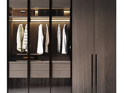 Modern Wooden Wardrobe Interior Design With Hanging Clothes And Storage Drawers 3d model
