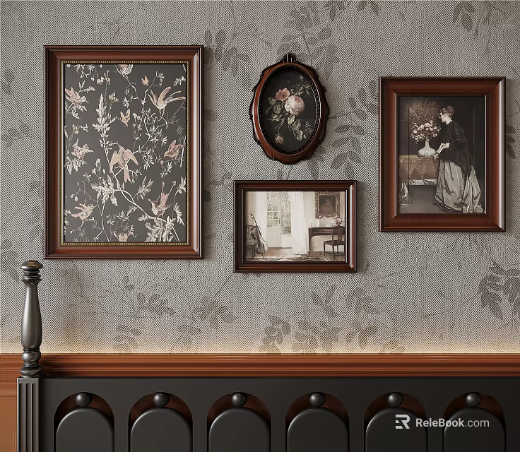Elegant Abstract Paintings with Various Frames on Patterned Wallpaper Wall Decor 3d model