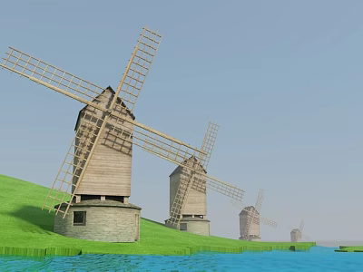Row of Traditional Wooden Windmills With Large Rotating Blades Stone Bases and Green Hillside 3d model