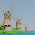 Row of Traditional Wooden Windmills With Large Rotating Blades Stone Bases and Green Hillside