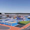 Colorful Children's Play Area With Slides Circular Structures And Various Play Zones