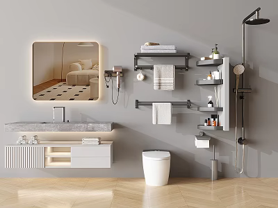 Modern Bathroom Set with Mirror Sink Vanity Toilet Shower Towel Rack and Shelves 3d model