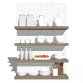 Wooden Shelves Displaying White Ceramic Kitchenware With Bowls Plates Jars Vases And Bottles