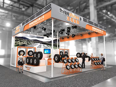 Modern Exhibition Booth With Displayed Tires Orange Gray Design Lighting And Screen 3d model