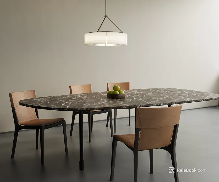 Modern Dining Table Set With Marble Tabletop Brown Chairs And Pendant Light 3d model 