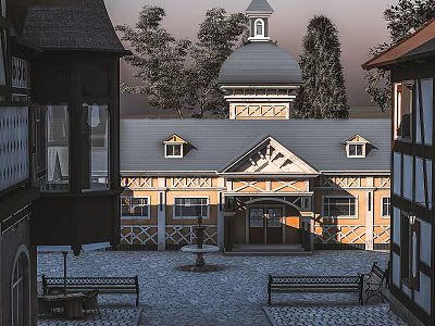 European Style Commercial Street With Clock Tower Cobblestone Square And Wooden Benches 3d model