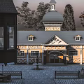 European Style Commercial Street With Clock Tower Cobblestone Square And Wooden Benches