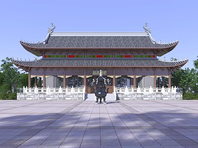 Traditional Chinese Ancient Architecture With Curved Roof Red Decorations Stone Square And Incense Burner 3d model