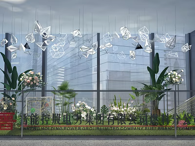 Floral Art Display With Hanging Geometric Transparent Decorations And Green Plants In Modern Building Background 3d model
