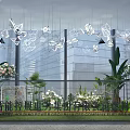Floral Art Display With Hanging Geometric Transparent Decorations And Green Plants In Modern Building Background
