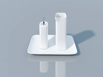 White Tray With Condiment Dispenser And Tall Container On Gray Surface With Reflection 3d model