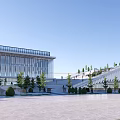 Modern Large Building With Rooftop Garden Surrounding Trees Plaza And Swimming Pool