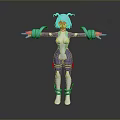 3D Rendered Game Movie Character With Blue Gray Hair Teal And Purple Outfit Yellow Gloves