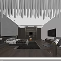 Modern Hotel Guest Room With Bed TV Armchair Wooden Flooring Pendant Light And Decorative Bookshelf