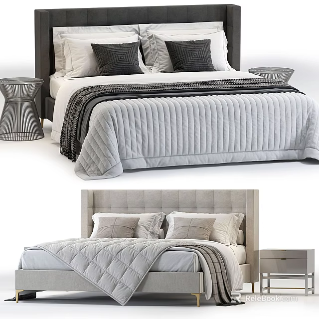 Modern Double Bed With Black Light Colored Headboard Gray Quilt And Nightstand 3d model 